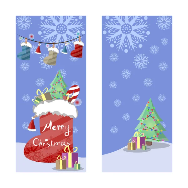 在复古风格的两个圣诞节横幅。礼物、 雪花、 靴子、 帽子和彩色的灯花环. — 图库矢量图片