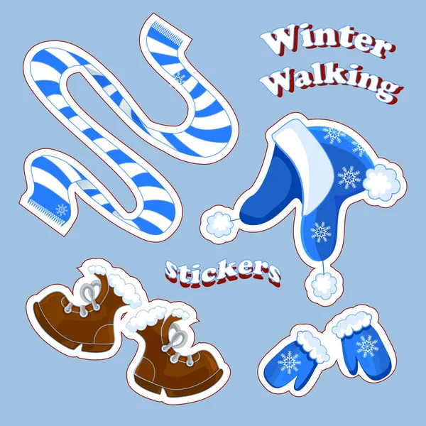 Vektör çıkartmaları kış tatilleri ve temiz havada yürüyüşler hakkında kümesi. Çizgili mavi eşarp, ponponlar ve desen, kar taneleri ile eldiven örgü ile sıcak bir şapka kahverengi bot kürk kırpma ile sıcak.