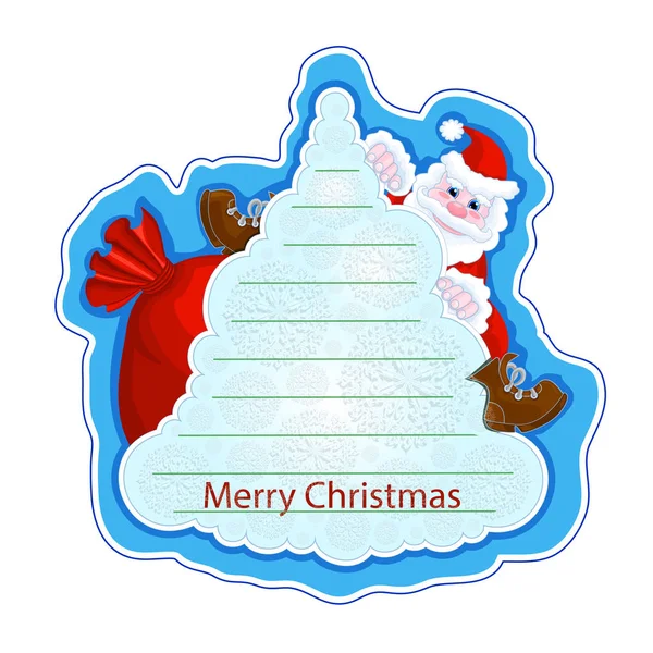 Neşeli Noel Baba Noel ağacı üzerinde mavi bir arka plan ile tatil tebrik etiket. Selamlar bir Noel ağacı silüeti yazmak için çerçeve. Karikatür tarzı.