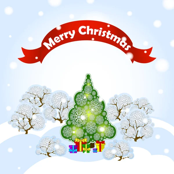 Tebrik kartı. Vektör tatil illüstrasyon kış orman manzara Noel ağacı, snowdrifts, düşen kar ve kırmızı kurdele ile yazıt.