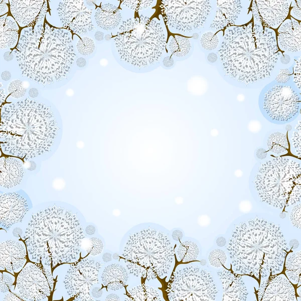 Fundo de inverno vetorial com árvores cobertas de neve de flocos de neve ornamento com aberturas, localizado na ilustração bordas. No fundo do centro com neve caindo. Estilo dos desenhos animados . —  Vetores de Stock