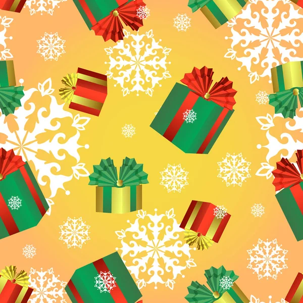 Vektör Noel hediyeleri ve kar taneleri renkli kutuları ile seamless modeli. Yeni yıl veya Noel arka plan.