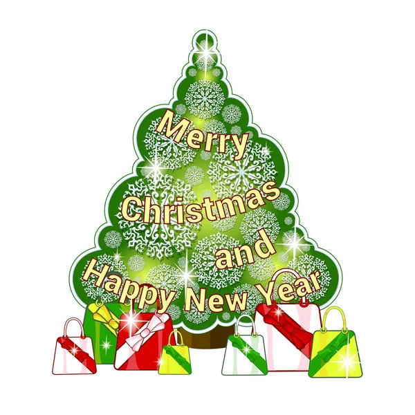 Noel ağacı ve Ajur kar taneleri ve altına hediyeler ile şenlikli etiket. Noel ağacı çelenk şeklinde tebrik yazıt.