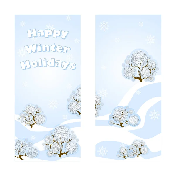 Két vektor üdvözlés banner a téli szünet. Gyönyörű erdős táj. Finom kék háttér, sodródik a hó, csipkés hóval borított fák és üdvözlő felirat. — Stock Vector