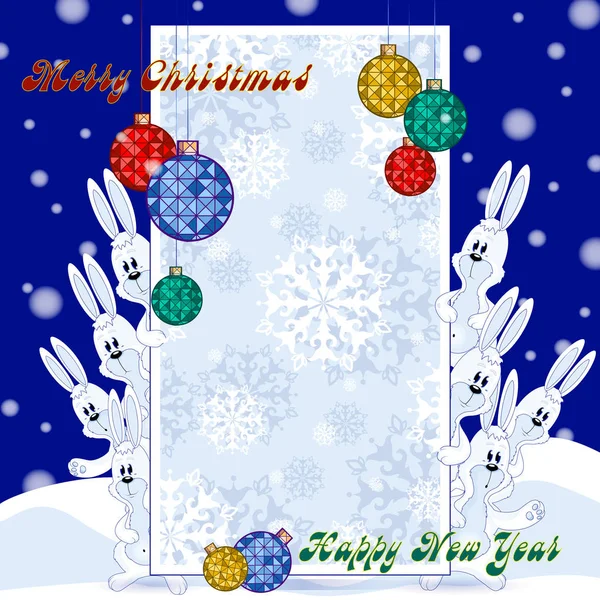 Kış tatilleri için tebrik kartı. Komik Tavşan dışarı hangi görünüm nedeniyle tebrik metin için şekil. Kar taneleri ve Noel ile yumuşak arka plan rengiyle topları banner.
