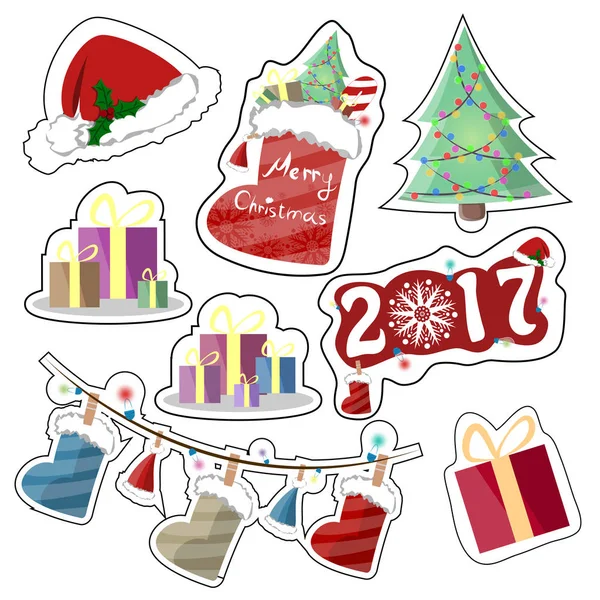 Düz bir tarzda parlak Festival vektör etiket kümesi. Noel şapka, hediyeler, yıl, Hediyelik eşya, dekoratif çelenk ile kutuları ile Noel önyükleme.