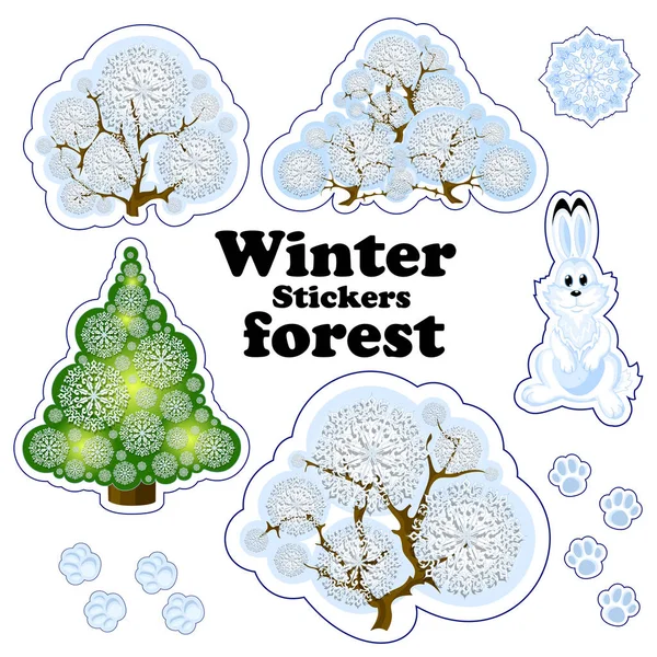 Conjunto de etiquetas vectoriales para el bosque de invierno. Árboles cubiertos de nieve, arbustos y árboles hechos de copos de nieve calados, conejos y rastros de animales. Estilo de dibujos animados . Gráficos Vectoriales