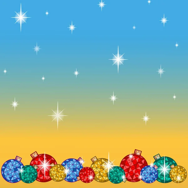 Greeting card for the winter holidays. Below a number of bright Christmas tree balls, with snowflakes and stars. Vector background with a golden blue gradient. — Stock Vector