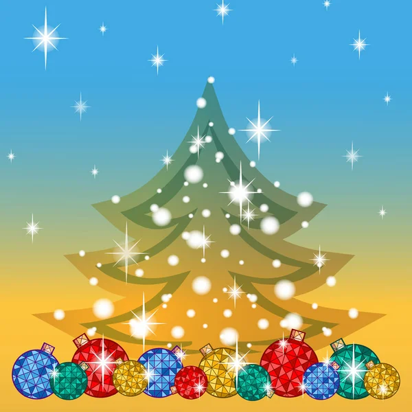 在冬季假期的贺卡。下面的明亮的圣诞树球的数目，树与雪花和明星剪影。带有金色蓝色渐变矢量背景. — 图库矢量图片