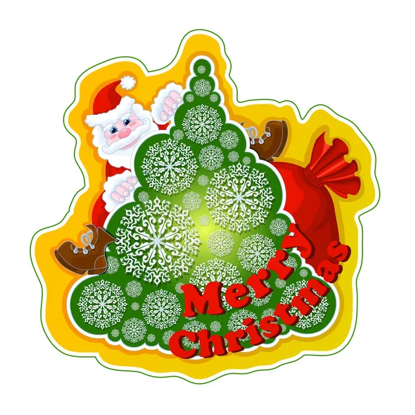 Festival vektör etiket. Noel Baba Ajur kar taneleri Christmas tree ve hediyeler parlak sarı zemin üzerine bir torba. Komik karakter.