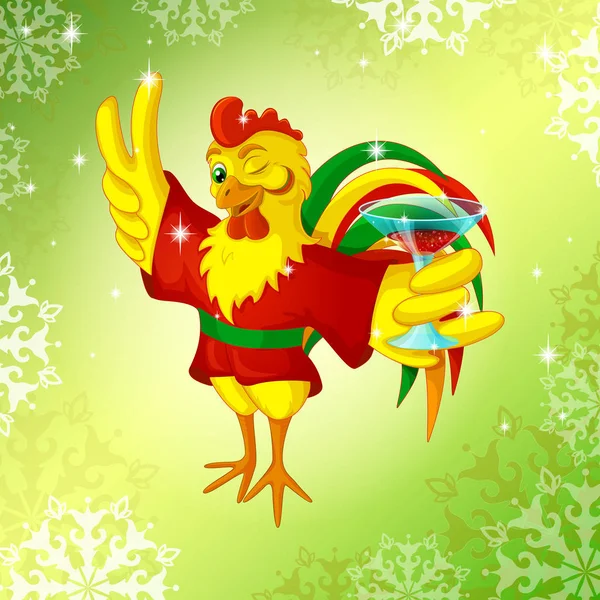 Festival vektör arka plan kırmızı kimono içinde yeni Year.Winking horoz için çizgi film karakterleri ile kadeh kokteyl ve göstererek zafer işaretiyle tutar. Kırmızı horoz Çin CA'da sembolü