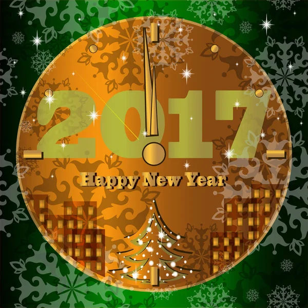 Tarjeta de felicitación vectorial para el Año Nuevo. Elegante reloj de oro con ciudad abstracta y árbol decorado en ellos. Dial de oro brillante y el patrón de copos de nieve en el reloj del cuerpo de color verde oscuro . — Vector de stock