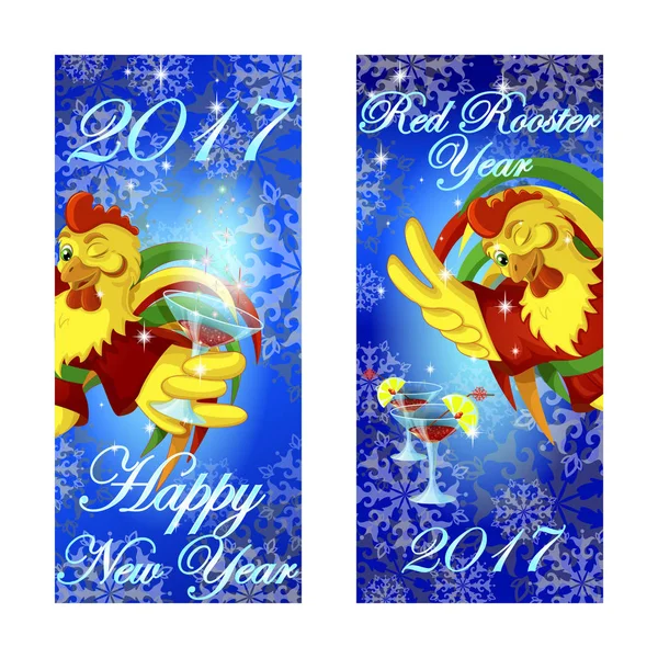 İki afiş yeni Year.Winking horoz kırmızı kimono tebrik kadeh kokteyl ve göstererek zafer işaretiyle tutar. Çin takvimi üzerinde kırmızı horoz sembolü.