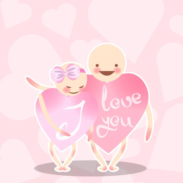 Dos amantes de corazón rosa. El chico abraza a una chica con un lazo. Divertidos caracteres vectoriales. Felicitaciones en el día de San Valentín . — Vector de stock