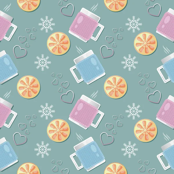 Sorunsuz vektör desen örme kapakları, sıcak bir içecek, limon dilimleri ve bileşimi mor Kalpler ve kar taneleri dolu bardak ile.