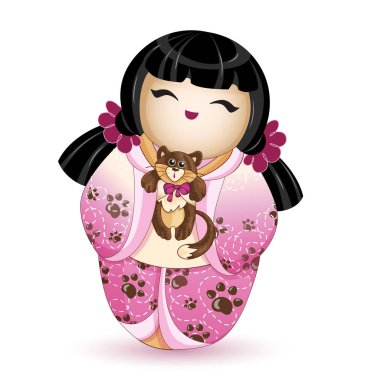 Japonya Ulusal kokeshi bebek kahverengi kedi pençeleri desenli pembe bir kimono içinde. Onun elinde o küçük bir yavru kedi tutar. Beyaz arka plan üzerinde vektör çizim. Bir karikatür tarzı bir karakter. Isolat