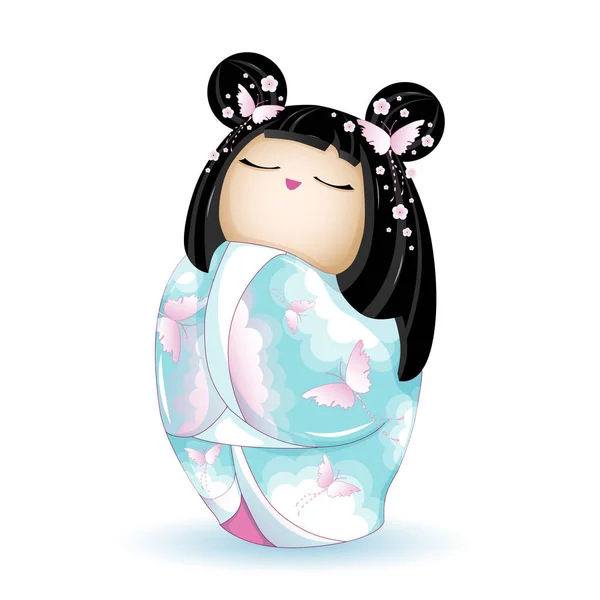 Boneca kokeshi nacional do Japão em quimono azul com um padrão de nuvens rosa e borboletas. Ilustração vetorial sobre fundo branco. Um personagem em um estilo de desenho animado . — Vetor de Stock