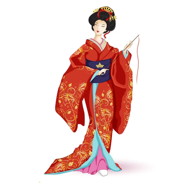Японская национальная кукла Хина Нингё в красном кимоно с узором из золотых лилий. Персонаж в мультяшном стиле. Векторная иллюстрация на белом фоне . — стоковый вектор