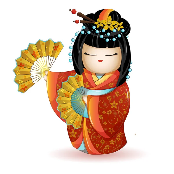 Japonya Ulusal kokeshi bebek hayranları ile kırmızı kimono içinde. Beyaz arka plan üzerinde vektör çizim. Bir karikatür tarzı bir karakter. İzole.