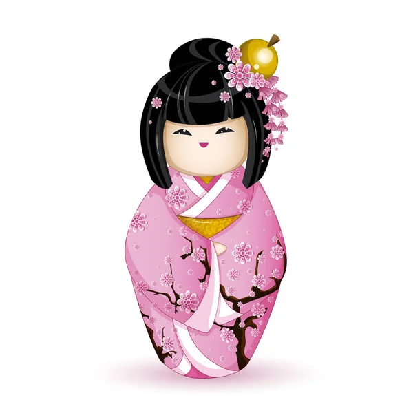 Kokesh Japanese national doll in a pink kimono patterned with cherry blossoms. Vector illustration on white background. A character in a cartoon style. — Stock Vector