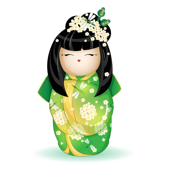 Japonya Ulusal kokeshi bebek beyaz çiçekler ve yusufçuk bir model ile yeşil bir kimono içinde. Beyaz arka plan üzerinde vektör çizim. Bir karakter karikatür tarzı.