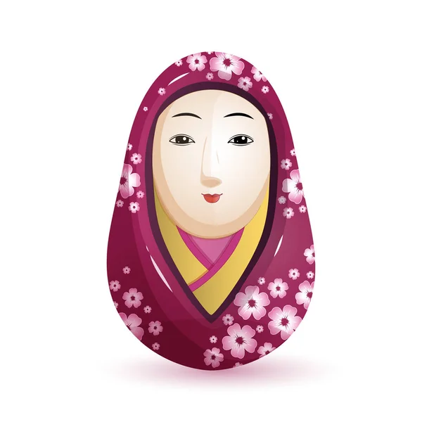 Onna Daruma Japon kiraz desenli mor bir kimono içinde bebek. Beyaz arka plan üzerinde vektör çizim.