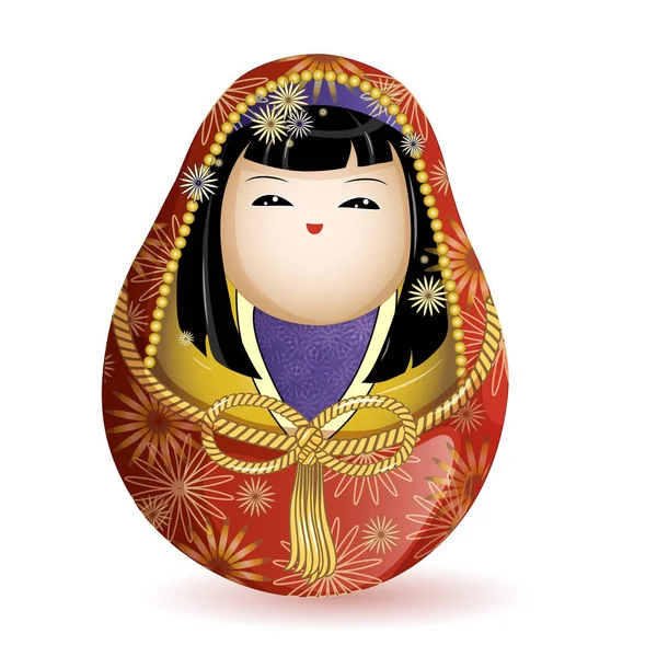 Japon ulusal ahşap oyuncak bebek kimekomi Prenses kırmızı bir kimono ve bir ip kemer. Beyaz arka plan üzerinde vektör çizim. Bir karakter karikatür tarzı.