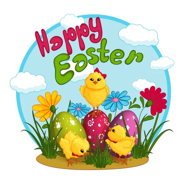 Üç sevimli sarı tavuk Paskalya yumurtaları, yakınındaki bir desen ile dekore edilmiştir. Tatil tebrik kartı. Komik karakter.