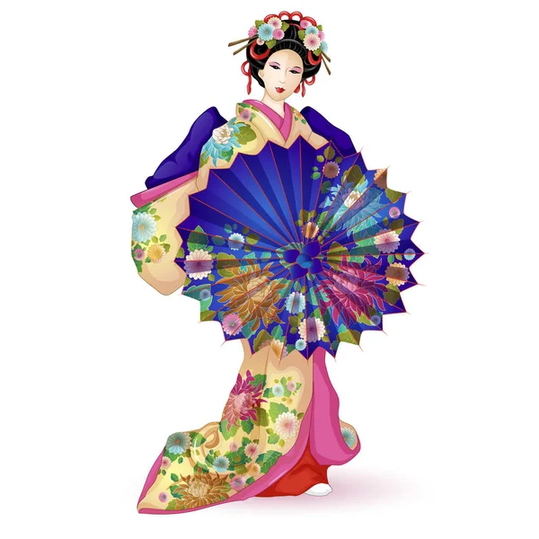 Muñeca nacional de Japón Hina Ningyo en un kimono azul con paraguas. Paraguas y kimono decorados con un patrón con crisantemos. Un personaje en un estilo de dibujos animados. Ilustración vectorial sobre fondo blanco Vector De Stock