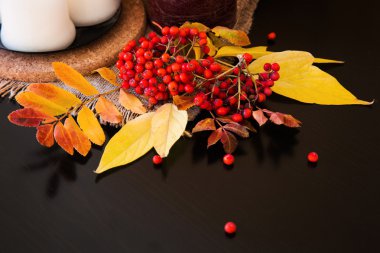 Sonbahar yaprakları, çilek ve mumları bileşimi