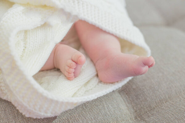 Новорожденный. Детские ножки покрыты одеялом
