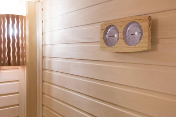 Interior of the sauna. Measurement of humidity and temperature — Stock Photo, Image