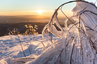 Kış manzarası. güzel bir gün batımı karşı dağlarda kar