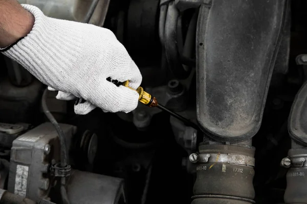 Car mechanic checking the oil level in the car — Stock Photo, Image