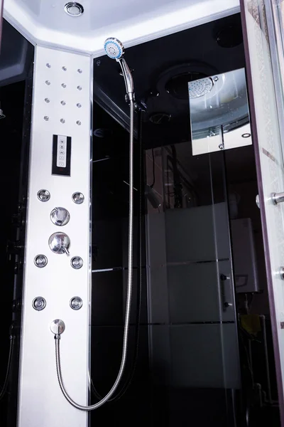 A modern shower cabin made of glass and steel. inside view — Stock Photo, Image