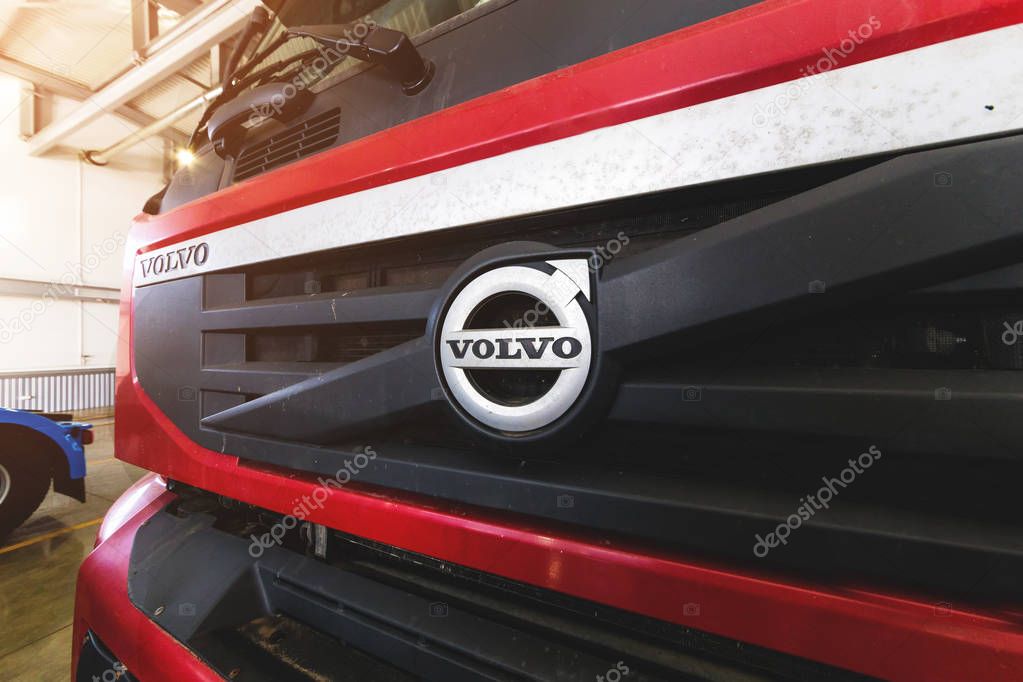 Ufa, Russia. March 16, 2018: Volvo logo on the front of truck