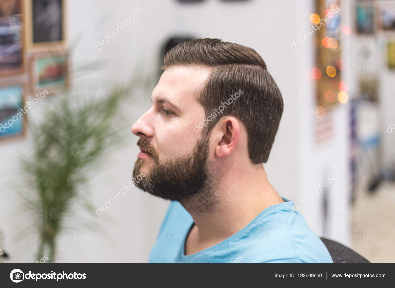 Young White Man Beard Haircut Sits Armchair Salon Barbershop