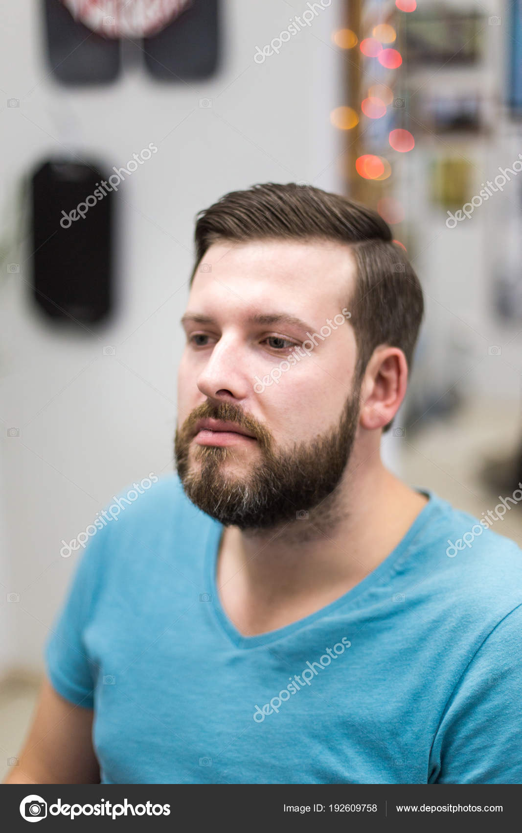 Young White Man Beard Haircut Sits Armchair Salon Barbershop