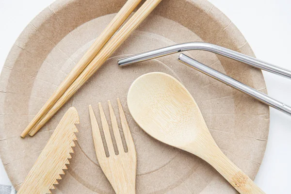 Zero waste a set of cutlery made of wood, bamboo. rejection of plastic, waste reduction. reusable use
