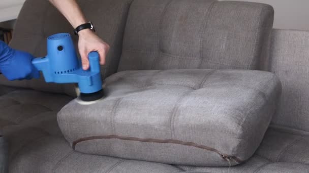 Cleaning service. Man janitor in gloves and uniform vacuum clean sofa with professional equipment — Stock Video