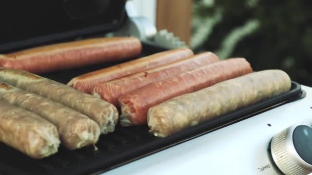 Churrasco com salsichas de fogo na grelha em um piquenique ao ar livre . — Vídeo de Stock