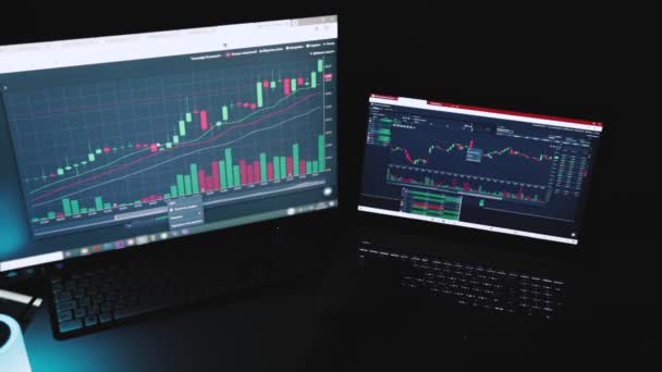 ビジネスマンはオンラインで株式を取引する。複数のコンピュータ画面上のグラフ、インデックス、数字を見る株式ブローカー。事業成功コンセプト. — ストック動画
