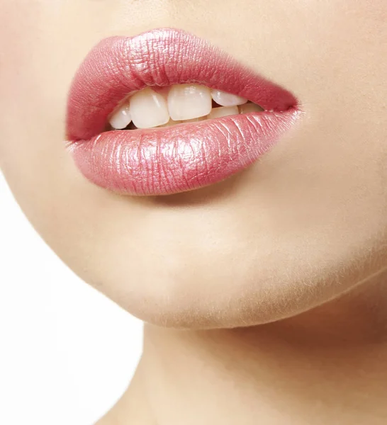 Mouth with pink lipstick — Stock Photo, Image