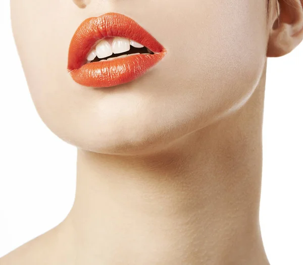 Mouth with orange lipstick — Stock Photo, Image