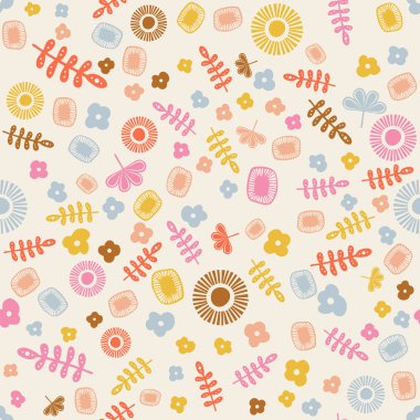 Orta yüzyıl bahar desen. Yapraklar, çiçekler, doğa illüstrasyon featuring bahar Retro vintage seamless modeli tarz ellili ilham.