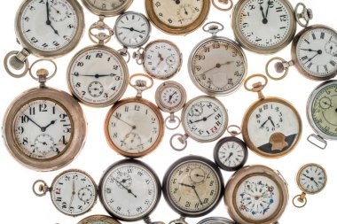 Beyaz bir arka plan üzerinde vintage cep saati dizi.