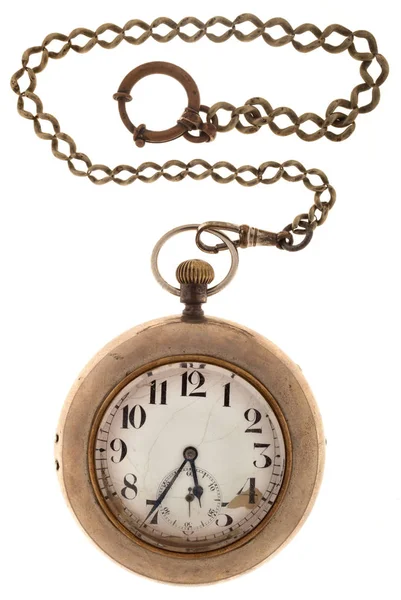 Relógio de bolso vintage com corrente isolada no fundo branco . — Fotografia de Stock