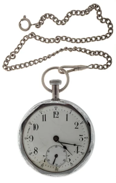 Relógio de bolso vintage com corrente isolada no fundo branco . — Fotografia de Stock