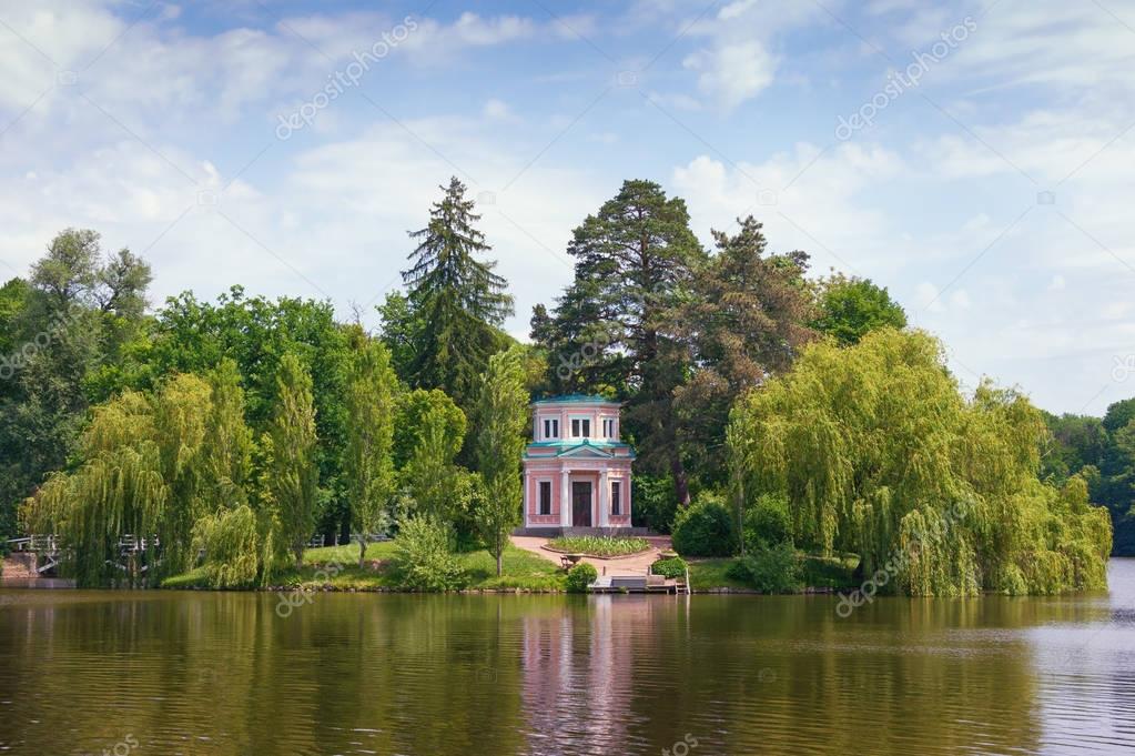 Upper pond and Pink Pavilion in park 