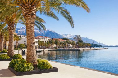 Embankment of Tivat town with Lovcen mountain in the background. Bay of Kotor(Adriatic Sea), Montenegro, winter clipart